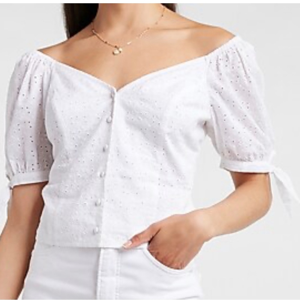 Express White eyelet lace off the shoulder tie sleeve blouse